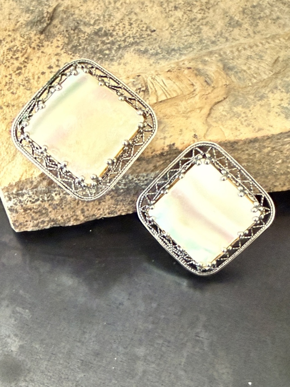 Mid-Century 1950’s German Mother-of-Pearl Silvertone Filligree Clip Earrings